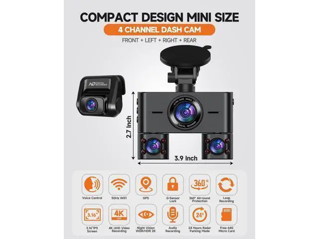 Alt view image 2 of 7 - Dash Cam 360°, 4 Channel Camera for Cars Front and Rear Inside, 2K FHD Mini Dashcam, 5G WiFi, GPS, Free 64G Card, Voice Control, WDR, HDR, Night Vision, 24/7 Parking Mode(Upgraded Version V7PLUS)