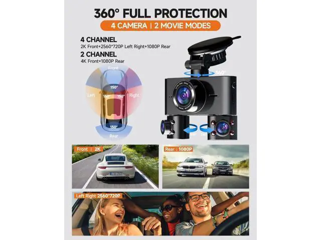 Alt view image 3 of 7 - Dash Cam 360°, 4 Channel Camera for Cars Front and Rear Inside, 2K FHD Mini Dashcam, 5G WiFi, GPS, Free 64G Card, Voice Control, WDR, HDR, Night Vision, 24/7 Parking Mode(Upgraded Version V7PLUS)