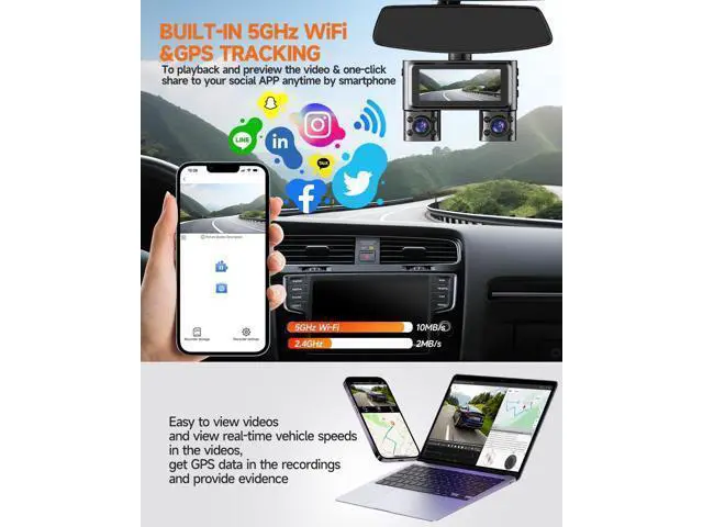 Alt view image 6 of 7 - Dash Cam 360°, 4 Channel Camera for Cars Front and Rear Inside, 2K FHD Mini Dashcam, 5G WiFi, GPS, Free 64G Card, Voice Control, WDR, HDR, Night Vision, 24/7 Parking Mode(Upgraded Version V7PLUS)
