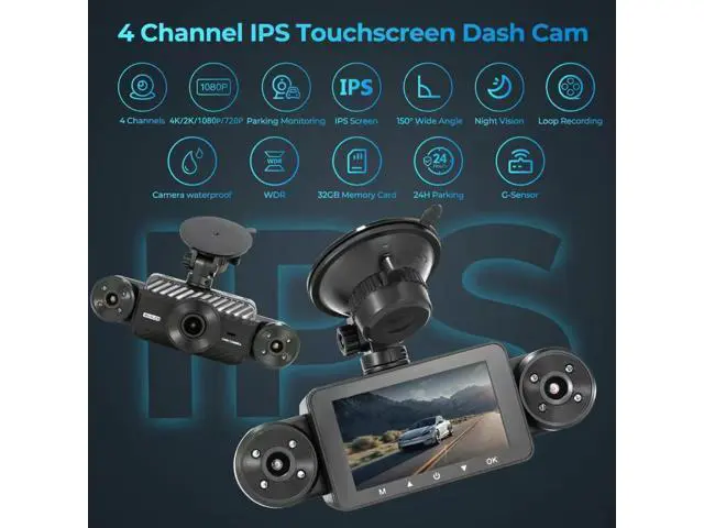 Alt view image 4 of 7 - 4 Channel Dash Cam 360° View, Include Front & Rear Left Right Camera Support 4 Way Recording, 32GB Card, 3 IPS Screen/Night Vision/WDR/24H Parking/G-Sensor2G/4G/8G / 3 Split Screen (4 Channel)