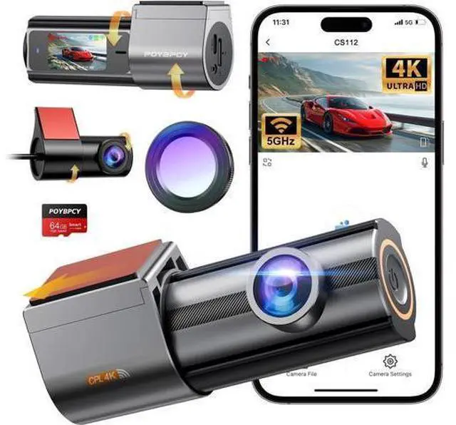 Main image of Dash Cam Front and Rear 4K, Built-in 5GHz WiFi with CPL, Dual Dashcams for Cars with 64GB Card, 24H Parking Mode, WDR, Ultra HD Night Vision, G-Sensor, Loop Recording, App Control, Support 256GB Max