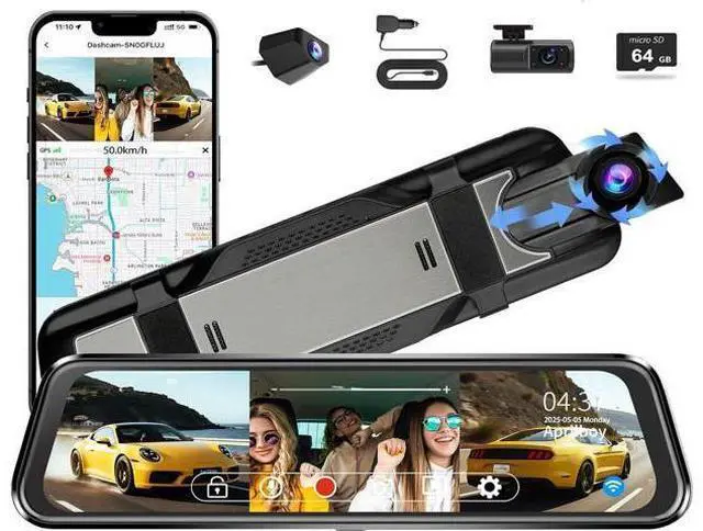 Main image of 3 Channel Mirror Dash Camera for Cars, Triple Rear View Mirror with Front 4K/3K, Inside and Rear 1080P with WiFi, G-Sensor, Night Vision, Reverse Assist, Parking Monitoring (Include 64GB Card)