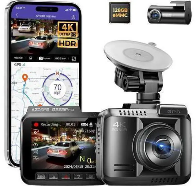 Main image of AZDOME 4K HDR Dash Cam with No-Light Full-Color Night Vision, 128GB eMMC, ADAS, 4K+1080P Dashcam Front and Rear, 5GHz WiFi GPS 24H Parking Mode Car Camera, GS63Pro