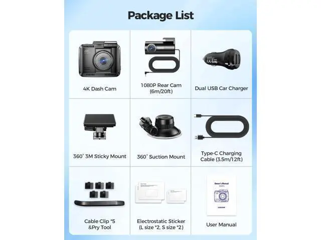 Alt view image 7 of 7 - AZDOME 4K HDR Dash Cam with No-Light Full-Color Night Vision, 128GB eMMC, ADAS, 4K+1080P Dashcam Front and Rear, 5GHz WiFi GPS 24H Parking Mode Car Camera, GS63Pro