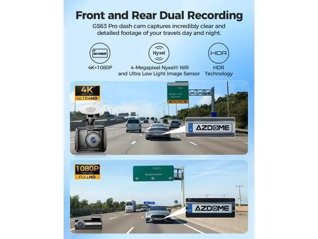 Alt view image 3 of 7 - AZDOME 4K HDR Dash Cam with No-Light Full-Color Night Vision, 128GB eMMC, ADAS, 4K+1080P Dashcam Front and Rear, 5GHz WiFi GPS 24H Parking Mode Car Camera, GS63Pro