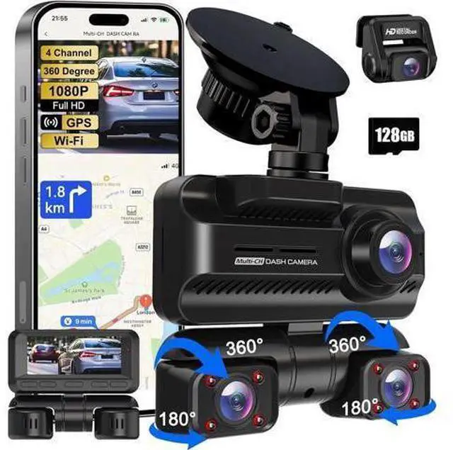 Main image of Dash Cam 4 Channels 360° Front Rear Inside DashCam, 4K Full HD Car Camera with 128G Card, Built-in Wi-Fi GPS, 3.18 IPS Screen, WDR Night Vision, 24H Parking Mode (Z700)