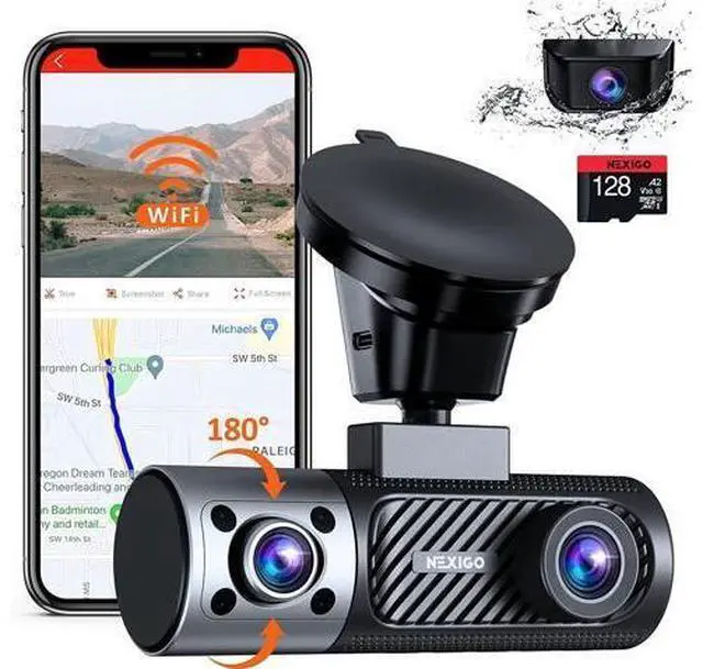 Main image of NexiGo 3 Channel Dash Cam with Rotatable Interior/Front Camera, Sony_Sensors, Front and Rear with Cabin, 4K/2K-1440P+1080P+1080P, Super Night Vision, 24H Parking Mode, GPS, WiFi, 128G SD Card Included