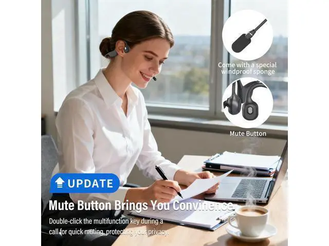 Alt view image 3 of 7 - SANOTO Bone Conduction Headphones with Mic, Bluetooth Headset with Microphone Noise Canceling & Mute, Wireless Headset with Sponge Microphone Windscreen, Open Ear Headphones for Work Driving Call