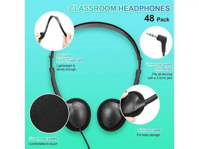 Alt view image 2 of 6 - Frienda 48 Pack Classroom Headphones on Ear Wired Stereo Headset with 3.5mm Jack, Over The Head Student Earphone Set for Kids Adults School Library Airplane Computer Laptop, No Microphone (Black)
