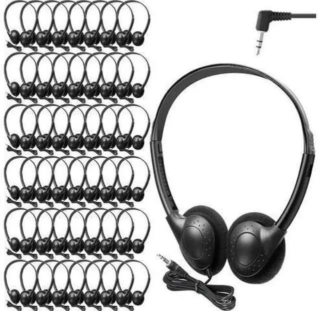 Main image of Frienda 48 Pack Classroom Headphones on Ear Wired Stereo Headset with 3.5mm Jack, Over The Head Student Earphone Set for Kids Adults School Library Airplane Computer Laptop, No Microphone (Black)