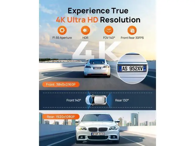 Alt view image 2 of 7 - 70mai 4K Dash Cam Front and Rear, Built in Wi-Fi 6 & GPS Car Camera, Super Night Vision, ADAS, 3'' IPS Screen, 24H Parking Mode, Time-Lapse, Loop Recording, with 128GB Card (A800SE)