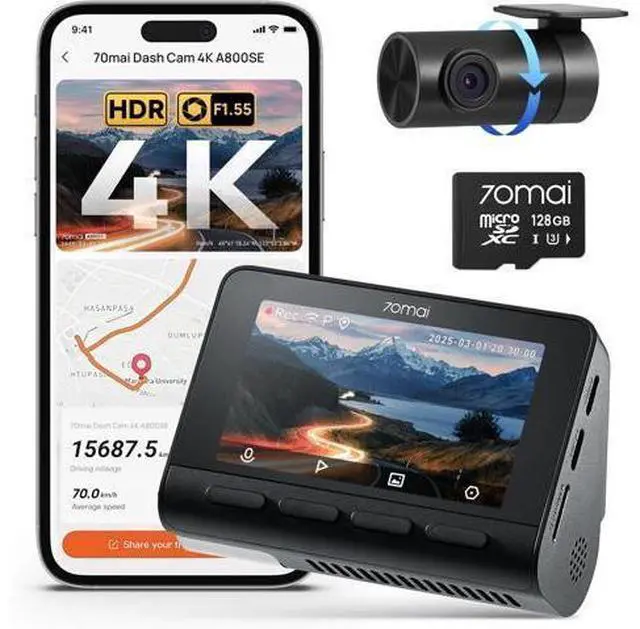 Main image of 70mai 4K Dash Cam Front and Rear, Built in Wi-Fi 6 & GPS Car Camera, Super Night Vision, ADAS, 3'' IPS Screen, 24H Parking Mode, Time-Lapse, Loop Recording, with 128GB Card (A800SE)
