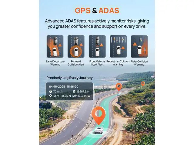 Alt view image 7 of 7 - 70mai 4K Dash Cam Front and Rear, Built in Wi-Fi 6 & GPS Car Camera, Super Night Vision, ADAS, 3'' IPS Screen, 24H Parking Mode, Time-Lapse, Loop Recording, with 128GB Card (A800SE)