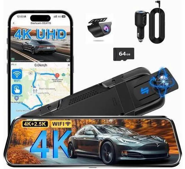 Main image of Mirror Dual Dash Camera for Car, Dashcam 4K Front 2.5K IMX335 Rear View/ADAS BSD LCA Wi-Fi&APP WDR Night Vision G-Sensor Loop Recording Parking Monitor 64GB Card