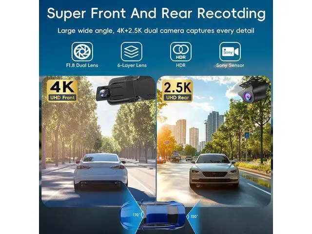 Alt view image 2 of 7 - Mirror Dual Dash Camera for Car, Dashcam 4K Front 2.5K IMX335 Rear View/ADAS BSD LCA Wi-Fi&APP WDR Night Vision G-Sensor Loop Recording Parking Monitor 64GB Card