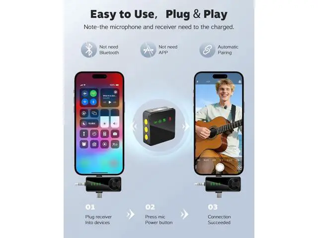 Alt view image 5 of 7 - 3-in-1 Wireless Lavalier Microphone for iPhone, Android, Cameras - Mini Microphone with Noise Reduction, 328FT Transmission and 40H Battery Life, 4 Mic for Video Recording, TikTok and YouTube