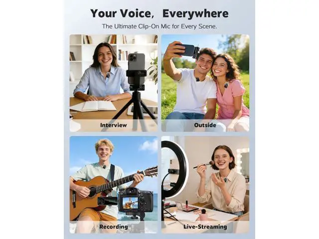 Alt view image 7 of 7 - 3-in-1 Wireless Lavalier Microphone for iPhone, Android, Cameras - Mini Microphone with Noise Reduction, 328FT Transmission and 40H Battery Life, 4 Mic for Video Recording, TikTok and YouTube
