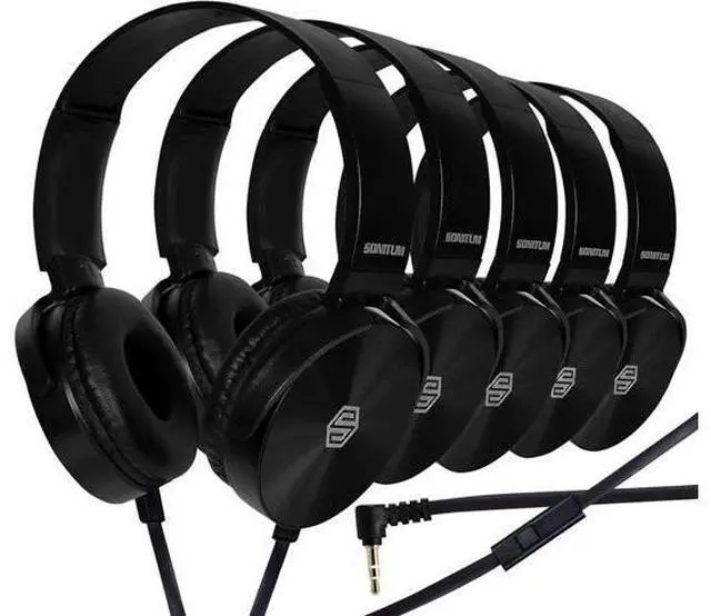 Main image of Classroom Headphones-Bulk 10-Pack, Student On Ear Comfy Swivel Earphones for Library, School, Airplane, Kids-for Online Learning and Travel, HQ Stereo Sound 3.5mm Jack (Black with Microphone)