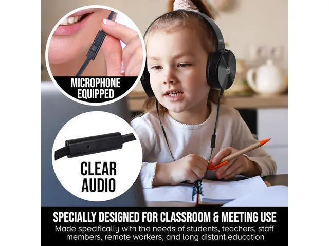 Alt view image 2 of 7 - Classroom Headphones-Bulk 10-Pack, Student On Ear Comfy Swivel Earphones for Library, School, Airplane, Kids-for Online Learning and Travel, HQ Stereo Sound 3.5mm Jack (Black with Microphone)