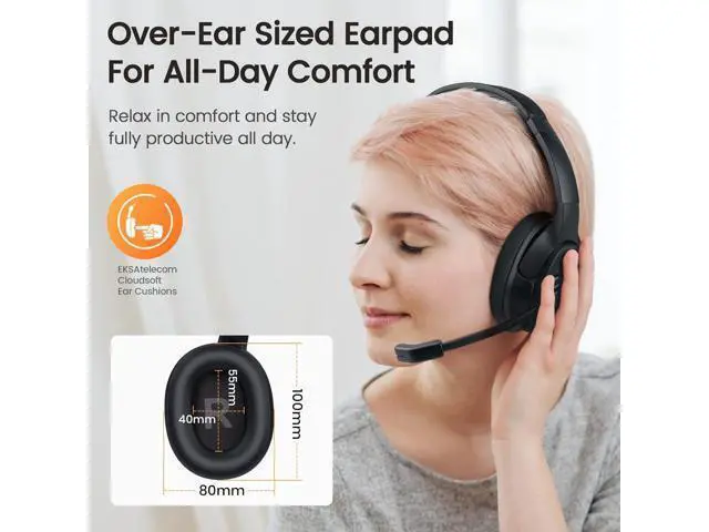 Alt view image 4 of 7 - EKSA Wireless Headset with Mic for Work, Bluetooth 5.0 Headset with AI-Powered Noise Cancelling Microphone - Bluetooth Wireless Headphones with Mic for Work/PC/Laptop/Computer/Office/Zoom