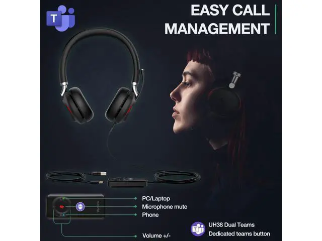 Alt view image 6 of 7 - Yealink UH38 Bluetooth USB Wired Headset, Work Headset with Noise Cancelling Microphone, Teams Certified, Comfort Fit, Dual Connect for PC Computer & Mobile Devices, Dual Busylight