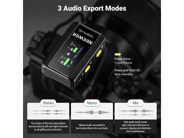 Alt view image 4 of 7 - NEEWER CM28 PRO Wireless Lavalier Lapel Microphone System with Charging Case 48KHz 16 Bit Uncompressed Audio Noise Canceling 4GB Storage 9Hrs Recording Compatible with iPhone iPad Android Camera PC