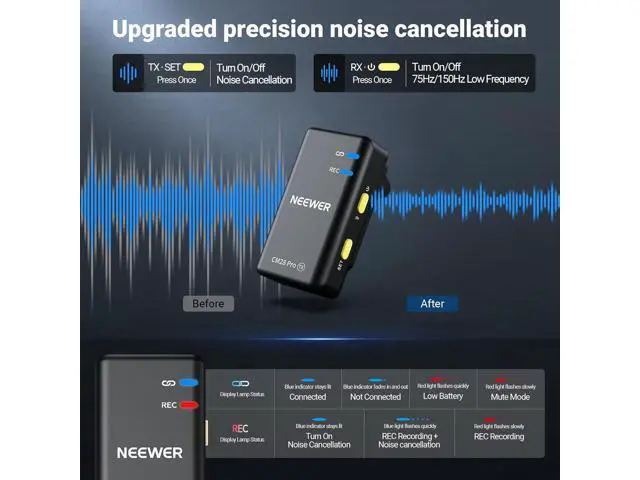 Alt view image 3 of 7 - NEEWER CM28 PRO Wireless Lavalier Lapel Microphone System with Charging Case 48KHz 16 Bit Uncompressed Audio Noise Canceling 4GB Storage 9Hrs Recording Compatible with iPhone iPad Android Camera PC