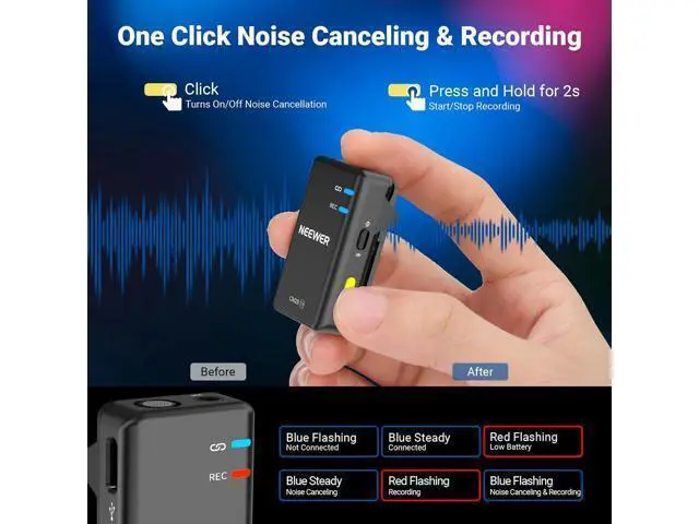 Alt view image 4 of 7 - NEEWER CM28 (1 RX + 2 TX + Charging Case), Wireless Lavalier Microphone, Smart Noise Cancelling, 48KHz/16Bit 9 Hrs Uncompressed Recording, 656ft/200m Range, Lav Mic for iPhone, Android, Camera