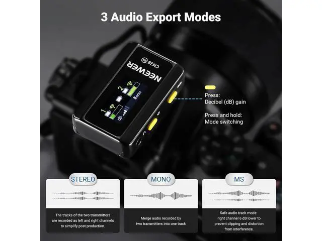 Alt view image 3 of 7 - NEEWER CM28 (1 RX + 2 TX + Charging Case), Wireless Lavalier Microphone, Smart Noise Cancelling, 48KHz/16Bit 9 Hrs Uncompressed Recording, 656ft/200m Range, Lav Mic for iPhone, Android, Camera