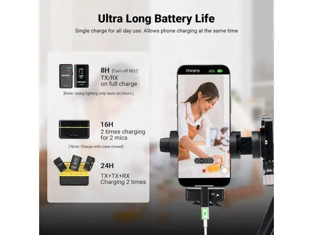 Alt view image 6 of 7 - NEEWER CM28 (1 RX + 2 TX + Charging Case), Wireless Lavalier Microphone, Smart Noise Cancelling, 48KHz/16Bit 9 Hrs Uncompressed Recording, 656ft/200m Range, Lav Mic for iPhone, Android, Camera
