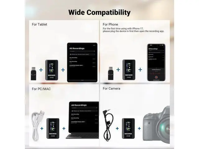 Alt view image 7 of 7 - NEEWER CM28 (1 RX + 2 TX + Charging Case), Wireless Lavalier Microphone, Smart Noise Cancelling, 48KHz/16Bit 9 Hrs Uncompressed Recording, 656ft/200m Range, Lav Mic for iPhone, Android, Camera