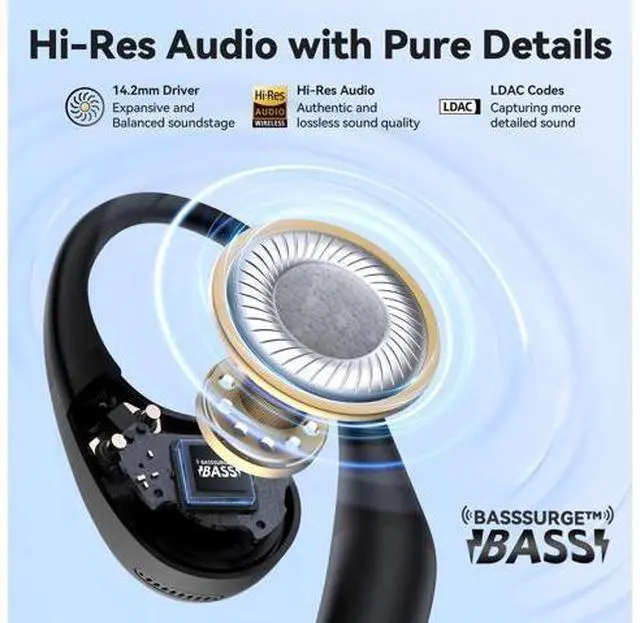 Alt view image 3 of 7 - EarFun OpenJump Open Ear Headphones, Wireless Earbuds with Ergonomic Earhook, Hi-Res Sound, LDAC, 4 Mics ENC Call, 42H Playtime, Multipoint Connection, IPX7 Waterproof, Snug Fit for Workout, Running