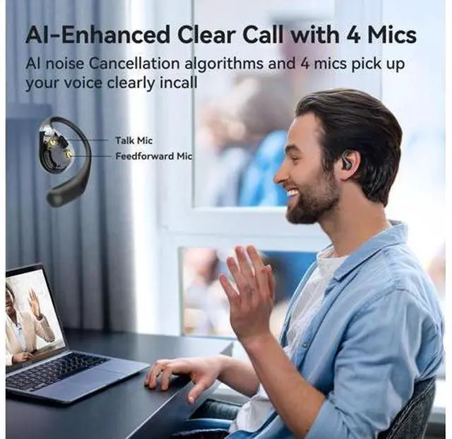 Alt view image 4 of 7 - EarFun OpenJump Open Ear Headphones, Wireless Earbuds with Ergonomic Earhook, Hi-Res Sound, LDAC, 4 Mics ENC Call, 42H Playtime, Multipoint Connection, IPX7 Waterproof, Snug Fit for Workout, Running