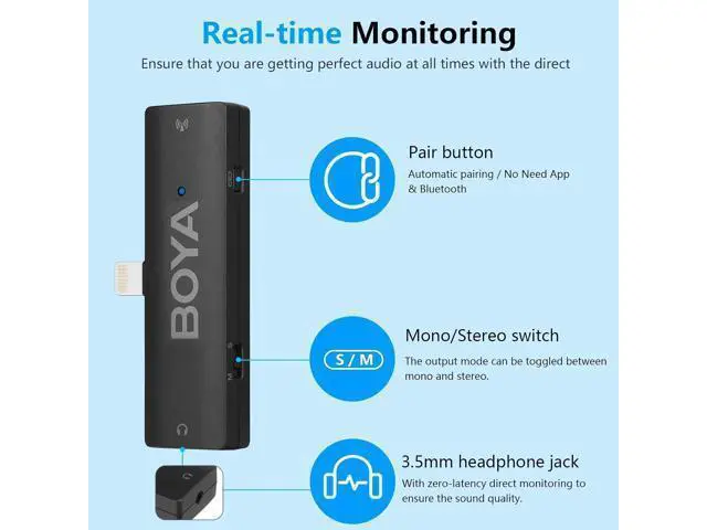Alt view image 5 of 7 - BOYA Wireless Lavalier Microphone for iPhone - Plug Play MFi Lightning Microphone with Charging Case, Mono/Stereo Clip on Lapel Mic for Video Recording, YouTube, Vlogging, Live Streaming