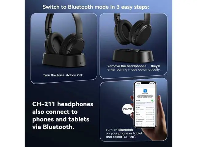 Alt view image 7 of 7 - Wireless Headphones for TV Watching, TV Headphones with Transmitter Charging Base, Bluetooth V5.3, No Lip-Sync Delay, Clear Voice, Plug & Play, Comfortable, Gifts for Elderly/Seniors