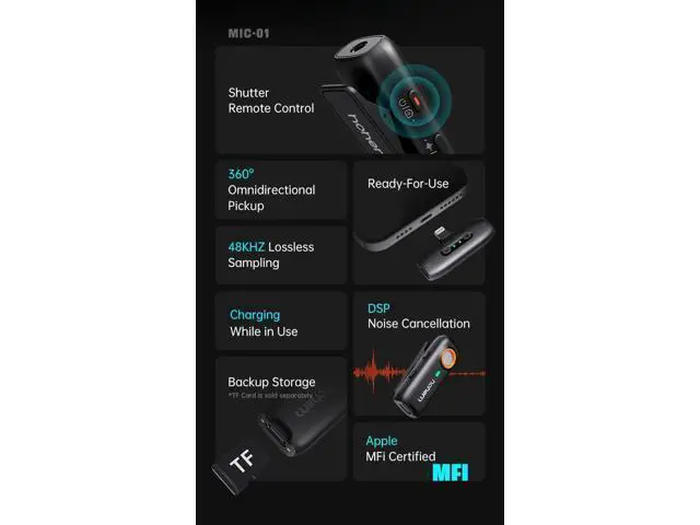 Alt view image 2 of 7 - hohem MIC-01 Wireless Lavalier Lapel Microphone for iPhone iOS, with Noise Cancellation,MFi Certified,Remote Contro,Built-in Storage,20H Battery Life, Wireless Microphone for Live Stream (2TX+1RX)