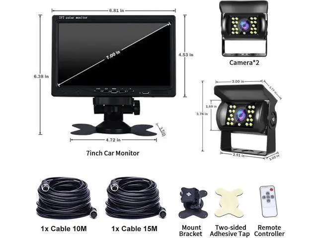 Alt view image 7 of 7 - Hodozzy Dual Backup Camera Monitor System for RVs,-7 Inch LCD Screen with 2 Cameras, IP68 Waterproof, 18IR Night Vision, Rear View Camera 4-Pin Cable for Car, Truck/Trailer/Bus/Van/Caravan (12V-24V)