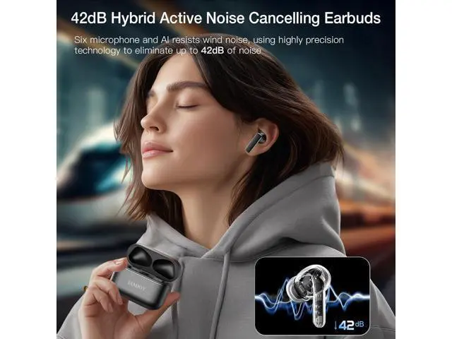 Alt view image 2 of 6 - IAMJOY AI Translation Earbuds, 163 Language Two-Way Translator Device with Bluetooth and APP Built-in 6 Mics, 42dB Hybrid Noise Cancelling Language Translator Earbuds, Black