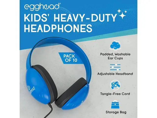 Alt view image 3 of 7 - Egghead Heavy-Duty Kids' Headphones with Padded Ear Cups and 6' Cord, Adjustable Tangle-Free Plastic Classroom Headphones for Kids, Pack of 10, Blue