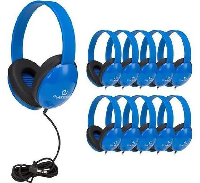 Main image of Egghead Heavy-Duty Kids' Headphones with Padded Ear Cups and 6' Cord, Adjustable Tangle-Free Plastic Classroom Headphones for Kids, Pack of 10, Blue