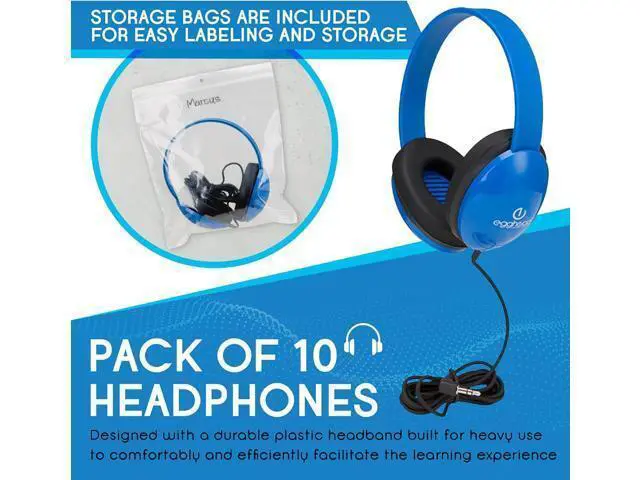 Alt view image 4 of 7 - Egghead Heavy-Duty Kids' Headphones with Padded Ear Cups and 6' Cord, Adjustable Tangle-Free Plastic Classroom Headphones for Kids, Pack of 10, Blue