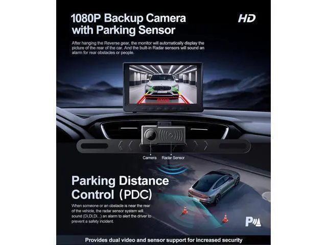 Alt view image 2 of 7 - 1080P Backup Camera with Backup Sensors Parking Distance Control (PDC) System, Back up Camera Waterproof Clear Night Vision Rear View Camera with 7'' Monitor for Cars/Truck/SUV/RV/Van/Trailer