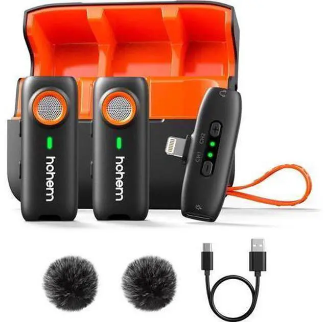 Main image of hohem MIC-01 Wireless Lavalier Microphone for iPhone, Noise Cancellation, 48kHz 328ft Range, 20 Hours Battery, Wireless Microphone for iOS, Live Streaming, Vlog (2TX + 1RX + Charging Case)