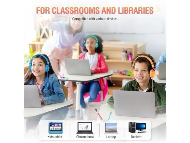 Alt view image 3 of 7 - Headphones for Classrooms K-8 School Use, Wired Bulk, 85dB Volume Limited with Mic, Foldable & Shareable, 3.5mm Jack, Rainbow Colors (12 Pack)