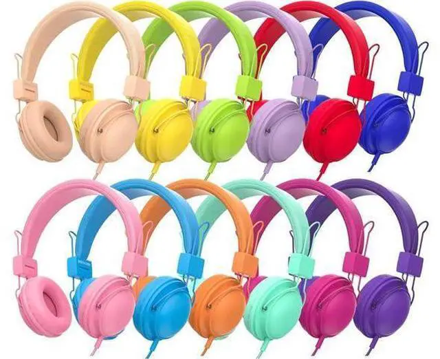Main image of Headphones for Classrooms K-8 School Use, Wired Bulk, 85dB Volume Limited with Mic, Foldable & Shareable, 3.5mm Jack, Rainbow Colors (12 Pack)