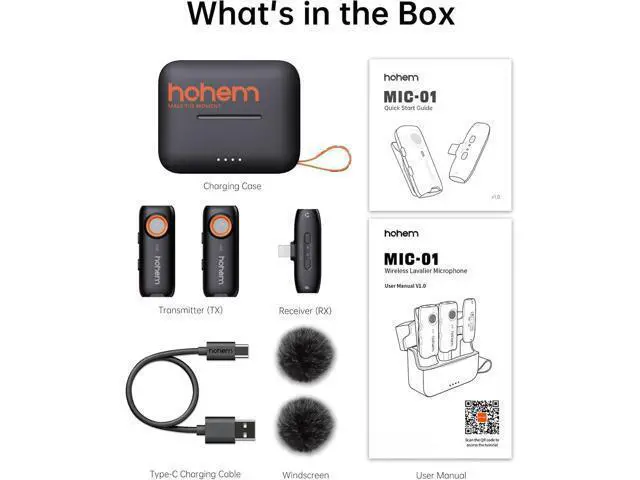Alt view image 7 of 7 - hohem MIC-01 Wireless Lavalier Microphone for iPhone, Noise Cancellation, 48kHz 328ft Range, 20 Hours Battery, Wireless Microphone for iOS, Live Streaming, Vlog (2TX + 1RX + Charging Case)
