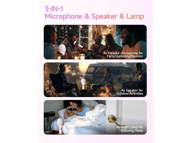Alt view image 5 of 7 - Wireless Bluetooth karaoke Microphone, 5-in-1 Portable Handheld Microphone for iPhone, Karaoke Microfono with Dynamic Lights for Car / Home Party, Music Record, Duet Singing Mic for Kids Adults-White