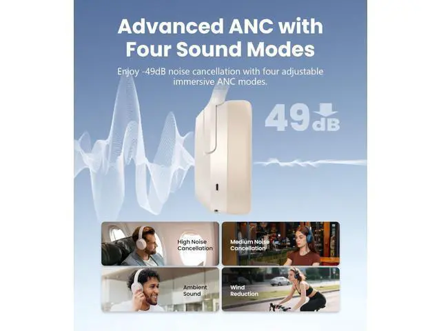Alt view image 3 of 7 - Edifier W820NB Plus Gen 2 Wireless Over-Ear Noise Cancelling Headphone, -49 dB ANC, LDAC Hi-Res Audio, 88H Playtime, Spatial Sound, Volume Guard, Bluetooth V6.1 & Multipoint, Fast Charge - Ivory