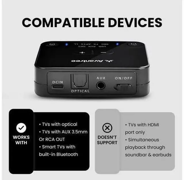 Alt view image 3 of 7 - Avantree HT41866 - Wireless Earbuds for TV Listening (Set of 2), 20H Neckband Headphones with Bluetooth Transmitter for Optical Digital Audio, RCA, 3.5mm Aux Ported TVs, Plug & Play, No Audio Delay