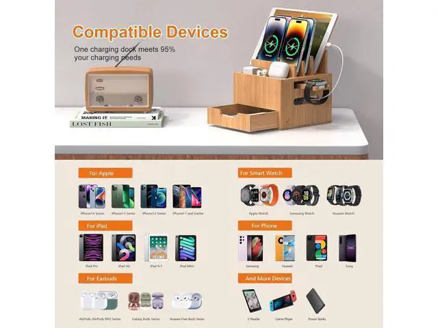 Alt view image 2 of 7 - Pezin & Hulin Multi Device Charging Station, with Charger HUB Adapter, All in One Large Dock Organizer with Drawer Storage, Compatible with Phones, Tablets, Earbuds (5 Mixed Cables Included)